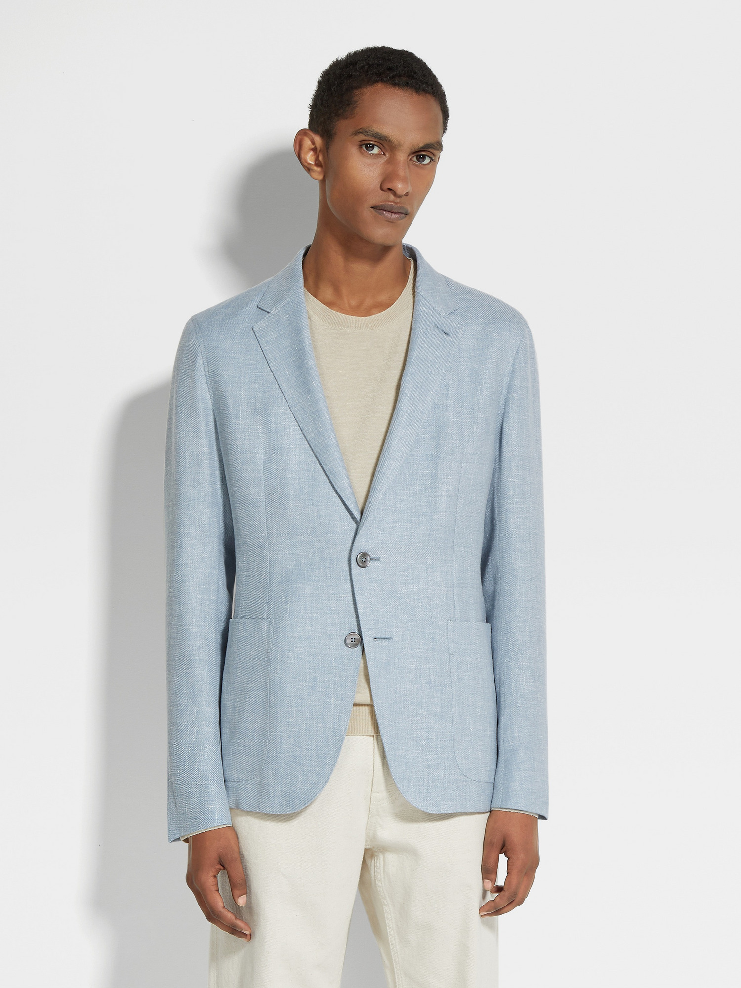 Light Blue Crossover Linen Wool and Silk Blend Shirt Jacket | ZEGNA |  United Arab Emirates