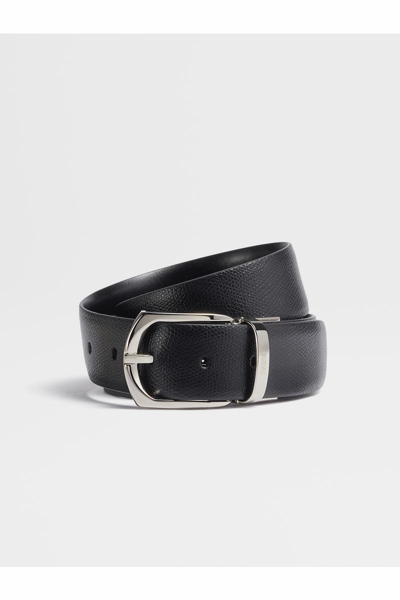 Black Alpina Engraved Leather and Leather Reversible Belt