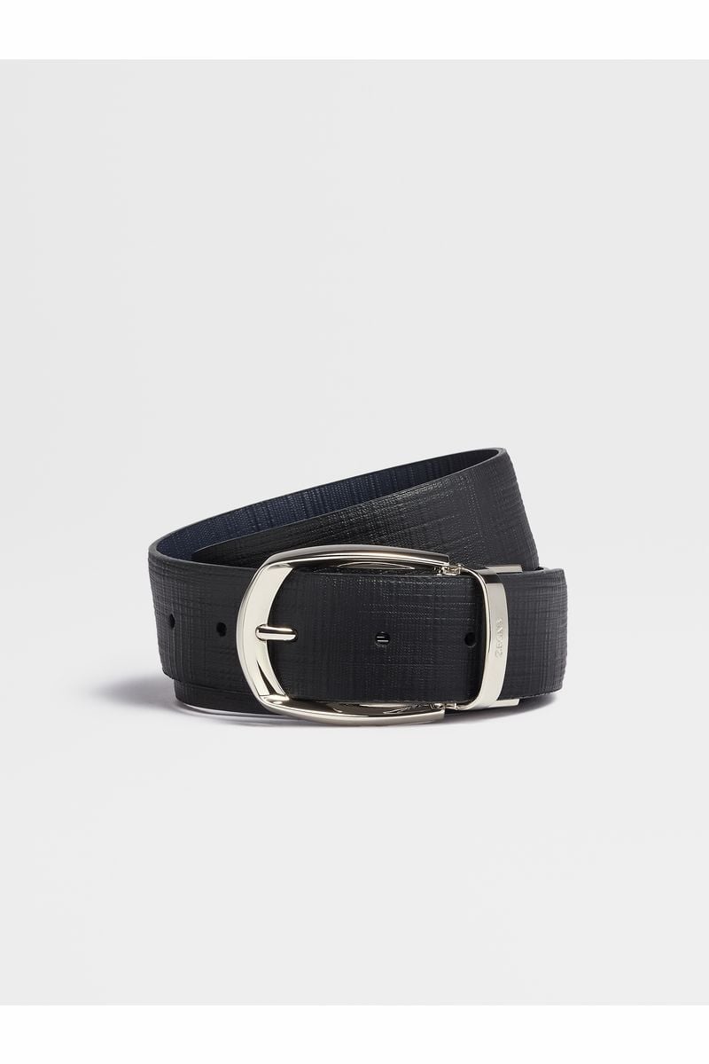 Black and Navy Blue Stuoia Engraved Leather Reversible Belt