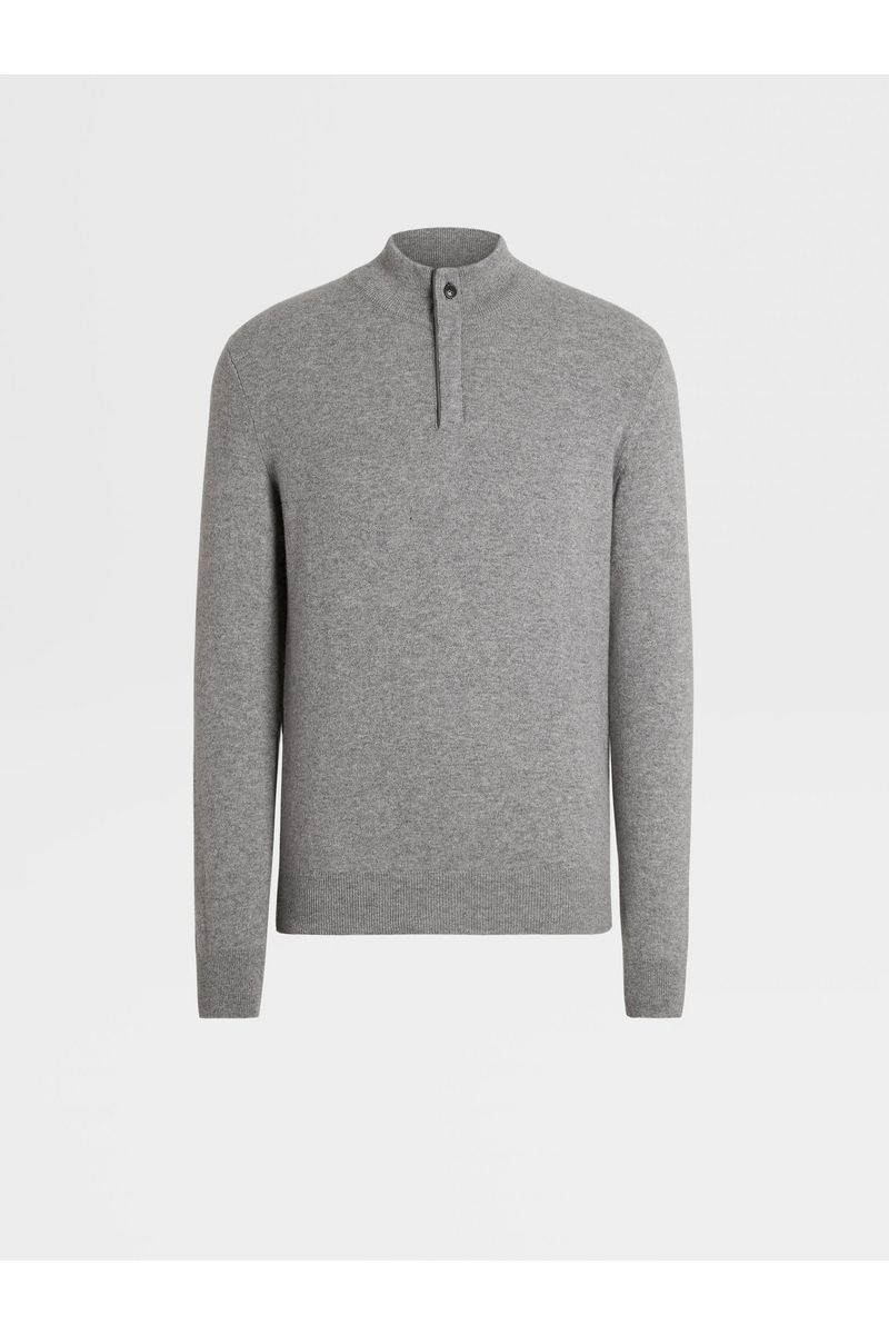Grey Mélange Oasi Cashmere Zip Mock Neck Sweater