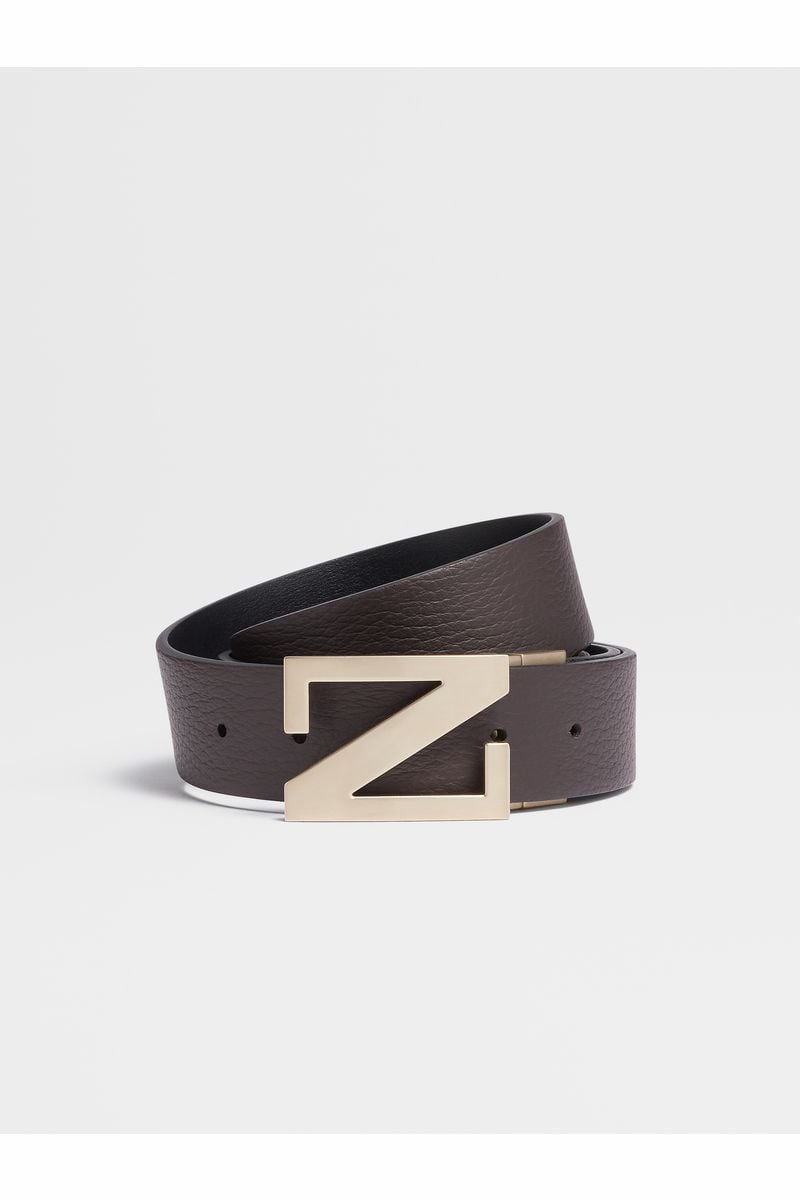 Dark Brown Grained Leather and Black Leather Reversible Belt
