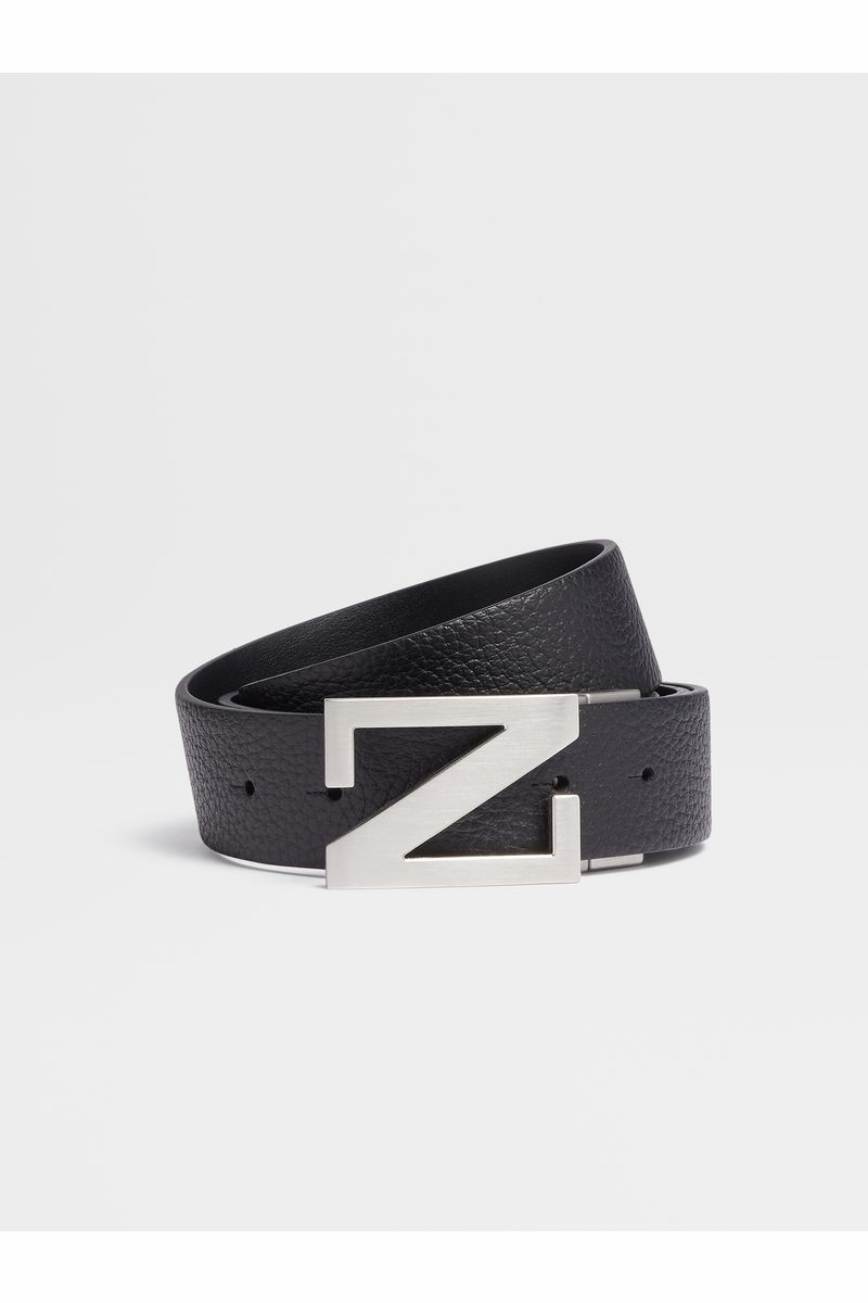 Black Grained Leather and Black Leather Reversible Belt