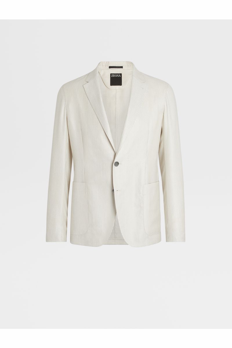 Beige Pinstripe Cashmere Silk and Linen Shirt Jacket