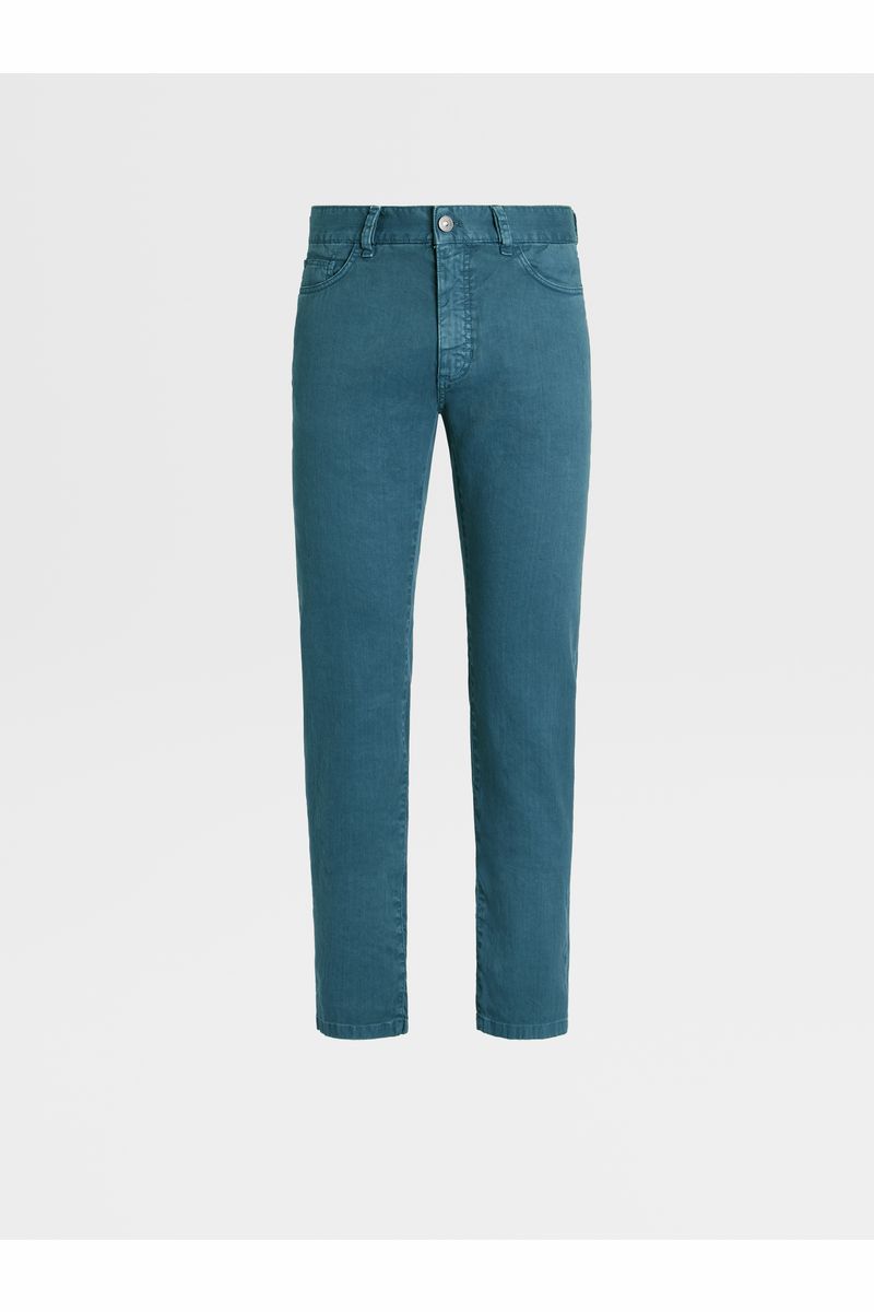 Teal Blue Stretch Linen and Cotton Jeans