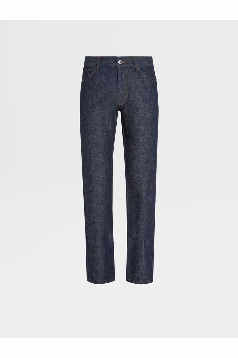 Dark Blue Rinse-washed Cotton and Linen Roccia Jeans