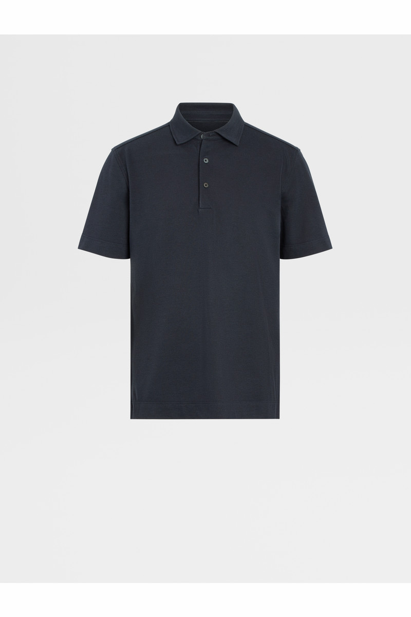 Navy Blue Cotton and Silk Polo Shirt