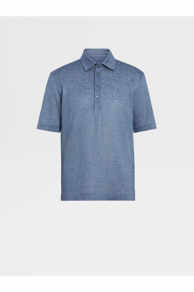 Avio Blue Linen Polo Shirt